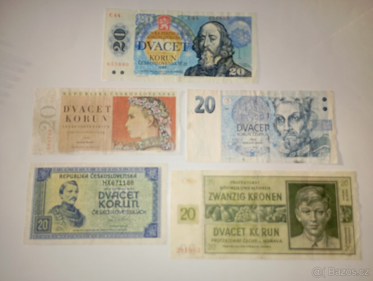 BANKOVKY 20 KČS, 5 RŮZNÝCH EMISÍ, VŠE NEPERFOROVANÉ