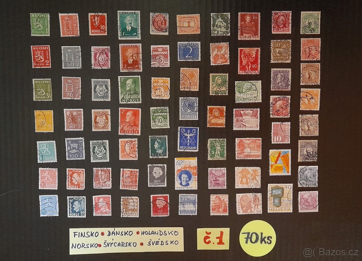 Poštovní známky Fin, Dán, Nor, Hol, Švý, Švéd 70ks