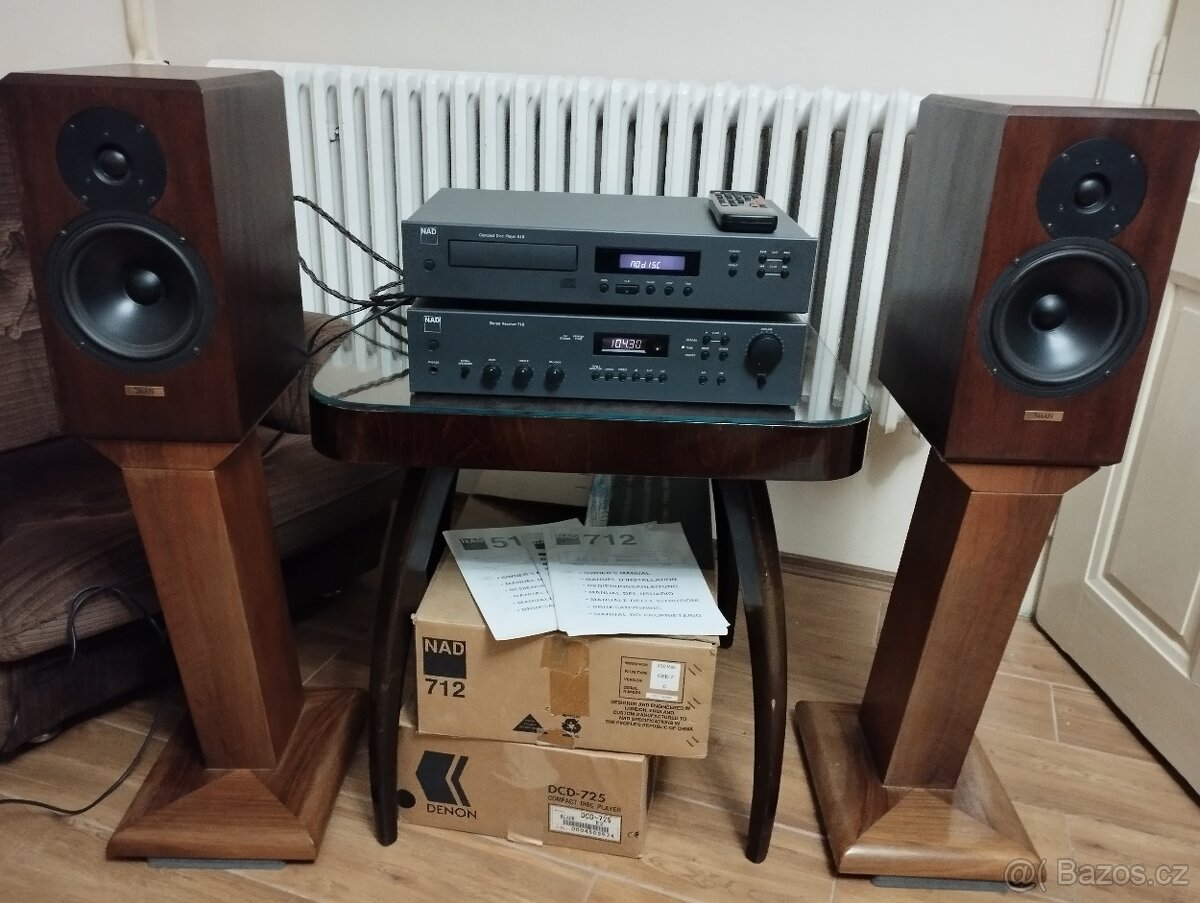Receiver NAD 712, CD 510 a repro Shan SV 100 a stojany