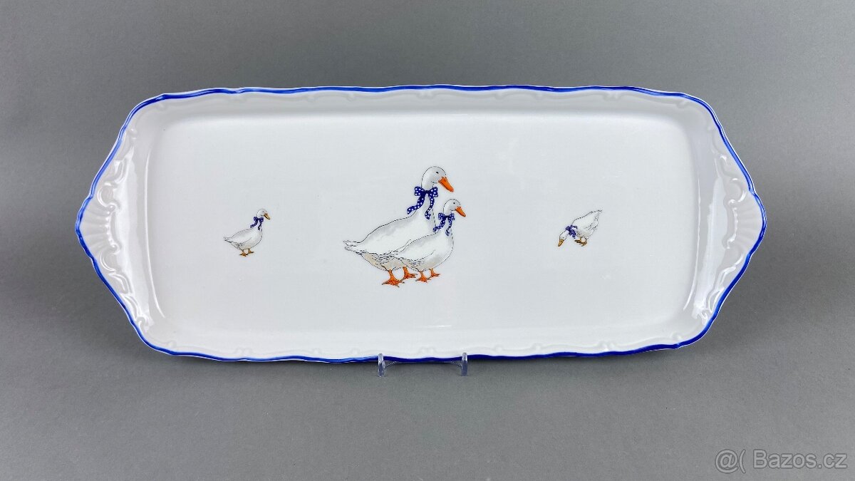 Podnos porcelánový s motivem hus, modrá linka
