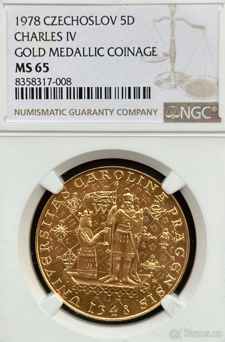 Zlatý 5 dukát Karel IV. 1978 NGC MS65