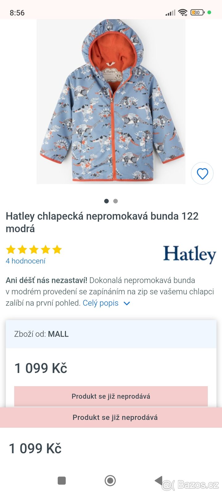 Nová bunda Hatley, vel 122 (7let)za super cenu