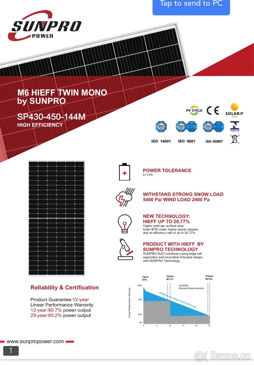 Solární panel Sunpro 450 Wp – nové