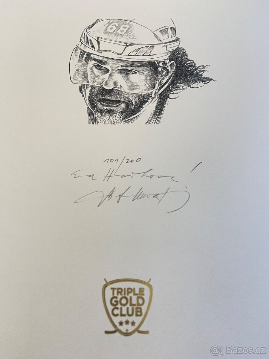 J.Jágr Grafický ocelotisk portrétu a logem Triple Gold Club