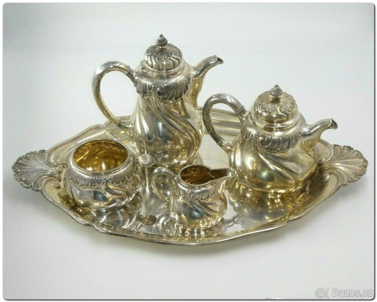 Nádherný kávový a čajový servis, stříbro 800, půlměsíc a kor