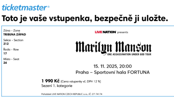 2 lístky Marilyn Manson sezení - 15.11.2025 Praha Fortuna
