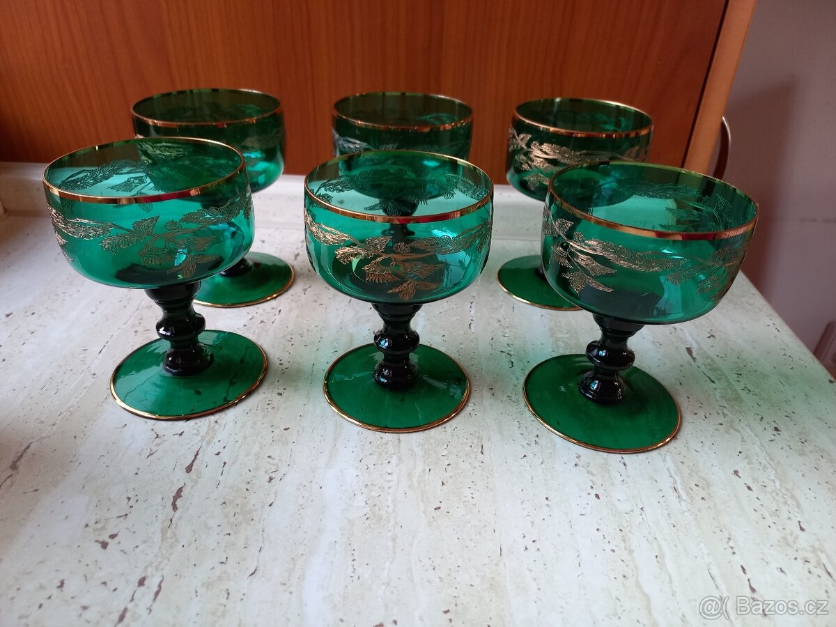 Sada skleniček na šampaňské, zelená se zlatem/platinou