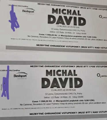 13.6 prodám 2 lístky na Michala Davida v 02 aréně