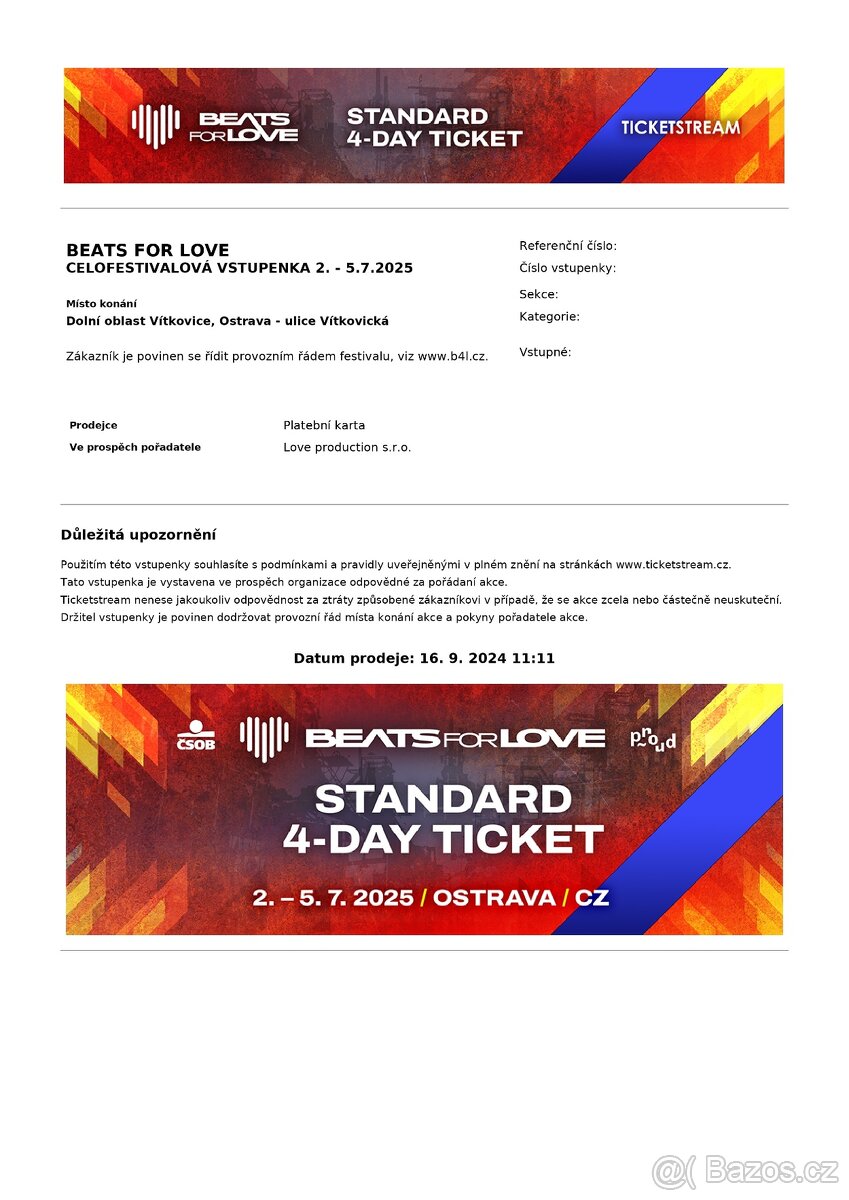 Beats For Love 2025 - Celofestivalová vstupenka - B4L