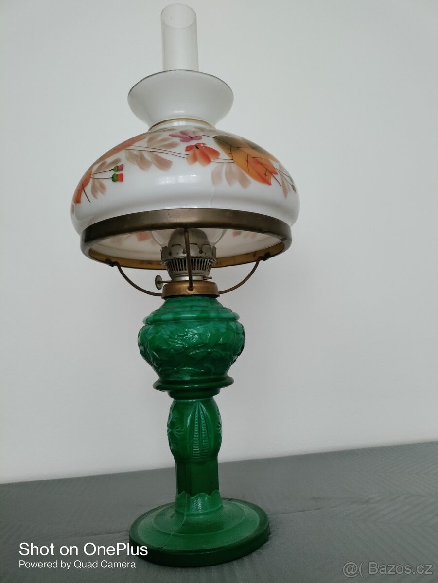 Starožitná malachitová velká petrolejová lampa