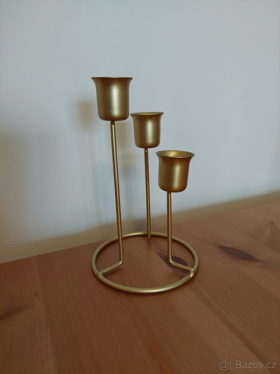 6x Zlatý svícen trojramenný výška 16, 13, 10 cm