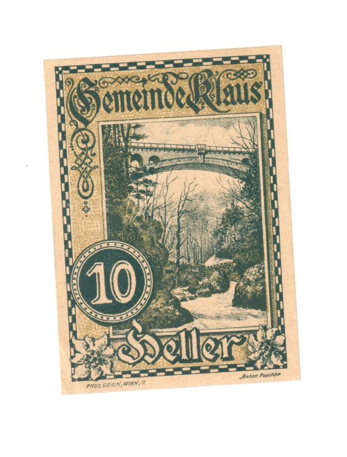 Nouzová bankovka Klaus, 10 Heller 1920, Rakousko