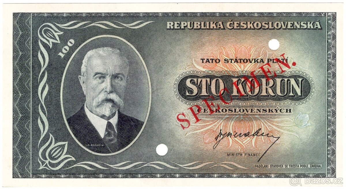 100 Kčs bez data (1945), Bankovní vzor - přetisk SPECIMEN