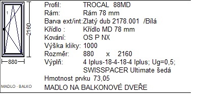 Balkonové dveře trojsklo bílá/zlatý dub, 880x2130mm