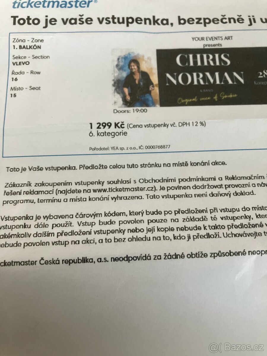 Prodám dvě vstupenky na 28.5.2025 Chris Norman