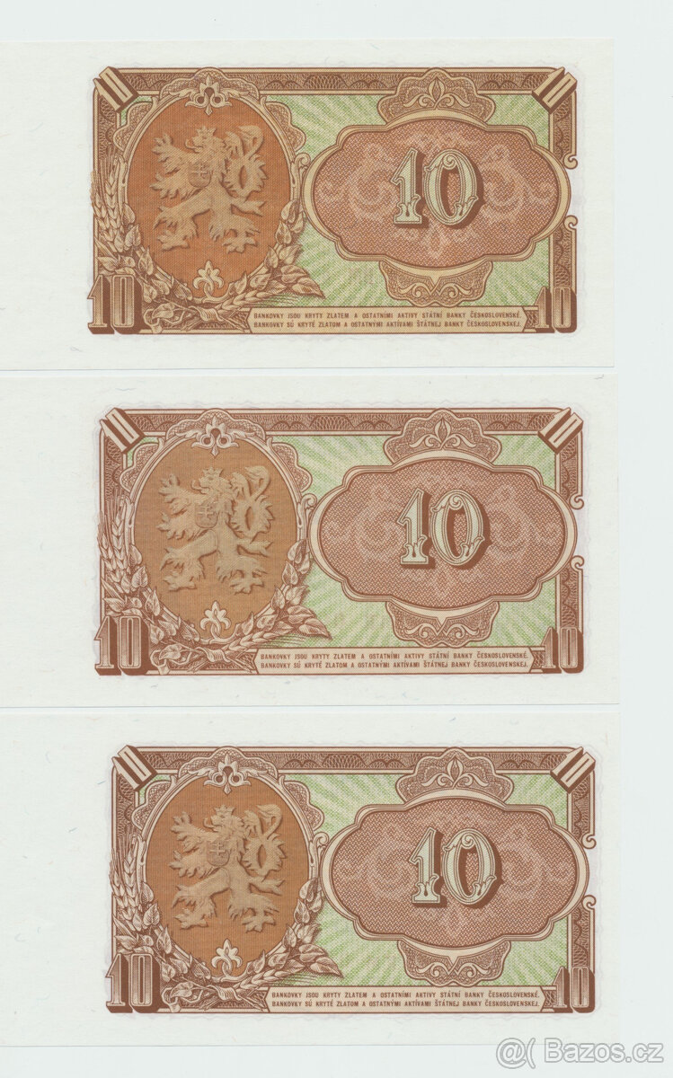 Bankovka 10 korun Československo 1953 v sadě 3ks UNC
