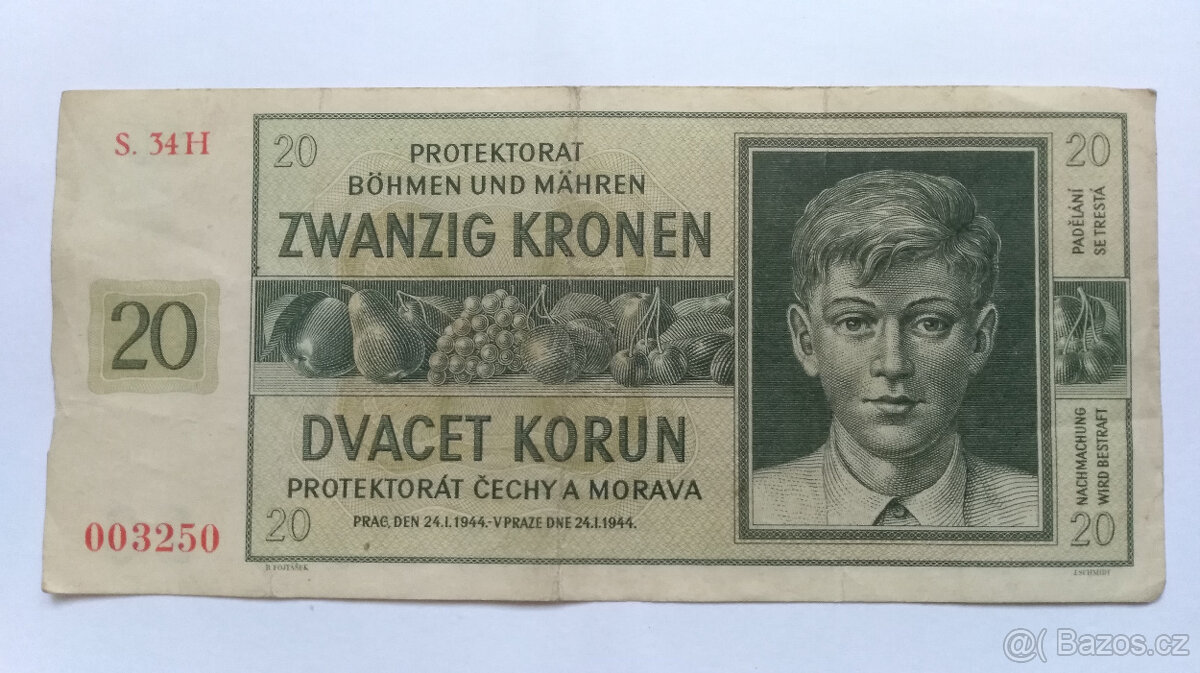 20 Korun, Protektorát Čechy a Morava, 1944, 3 kusy bankovky