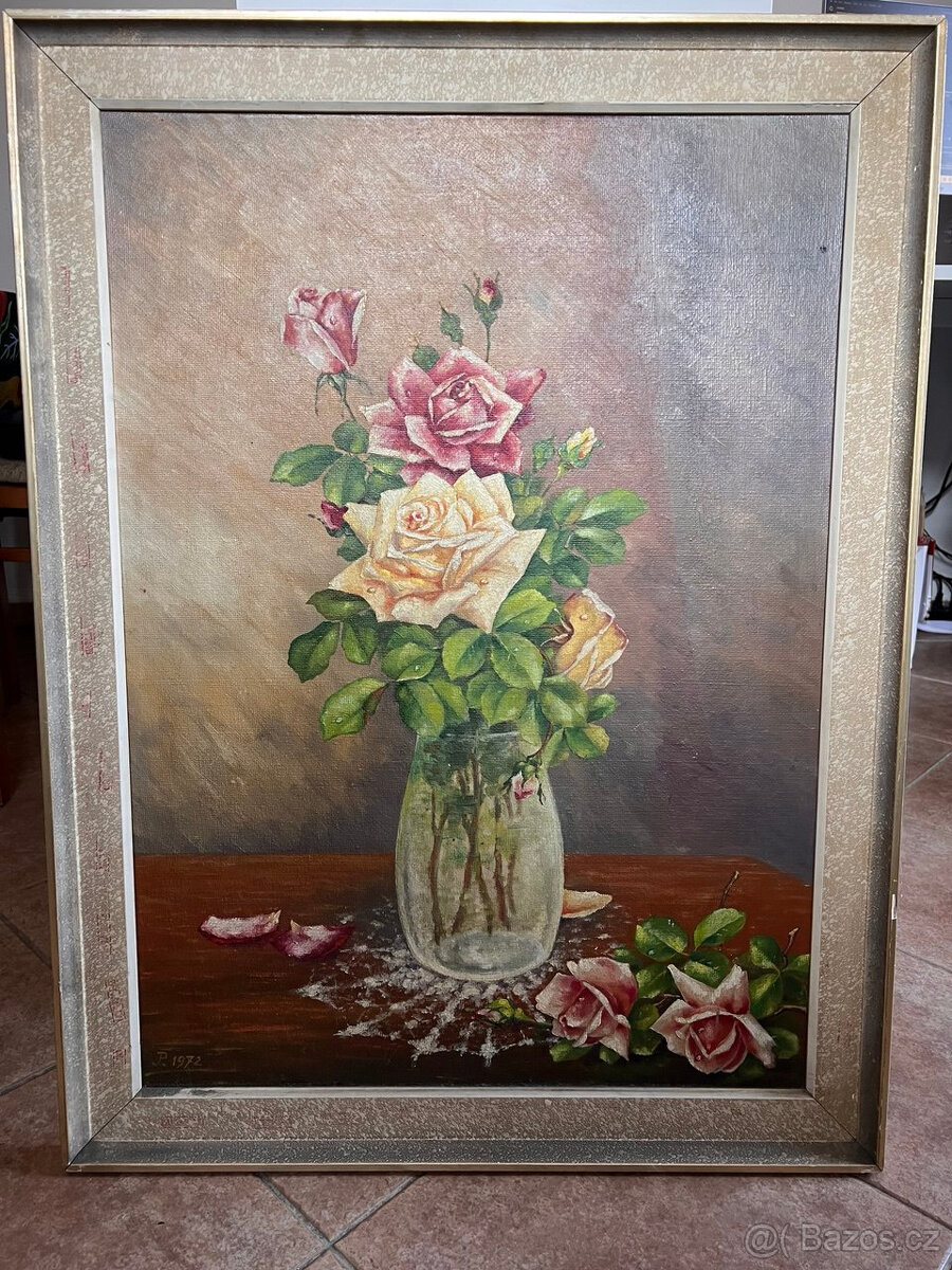 Obraz - květiny, 1972, cca 87x66 včetně rámu