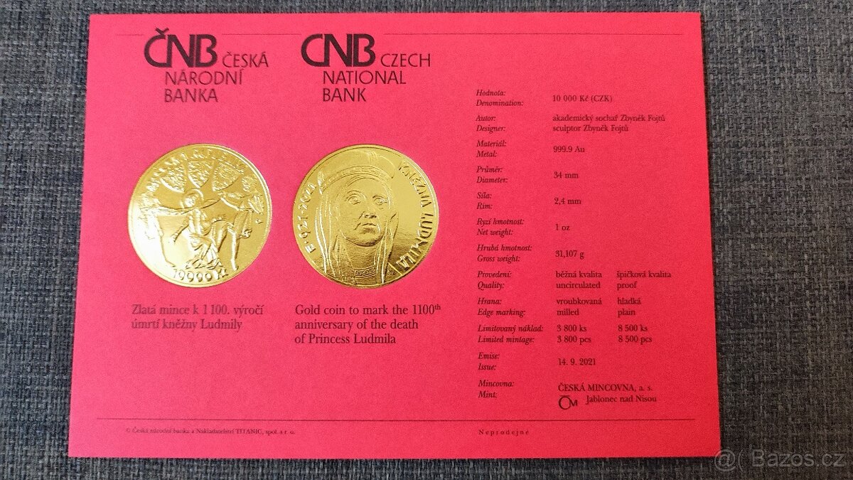 CERTIFIKÁT k zlaté 10 000 Kč minci Kněžna Ludmila - ČNB