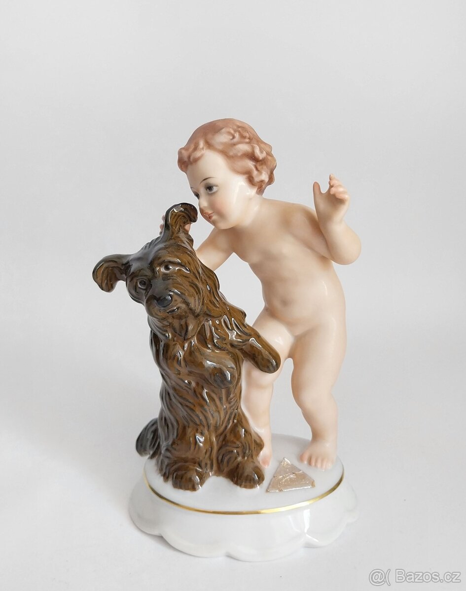 Starožitná porcelánová figura - putto a pes - Rosenthal