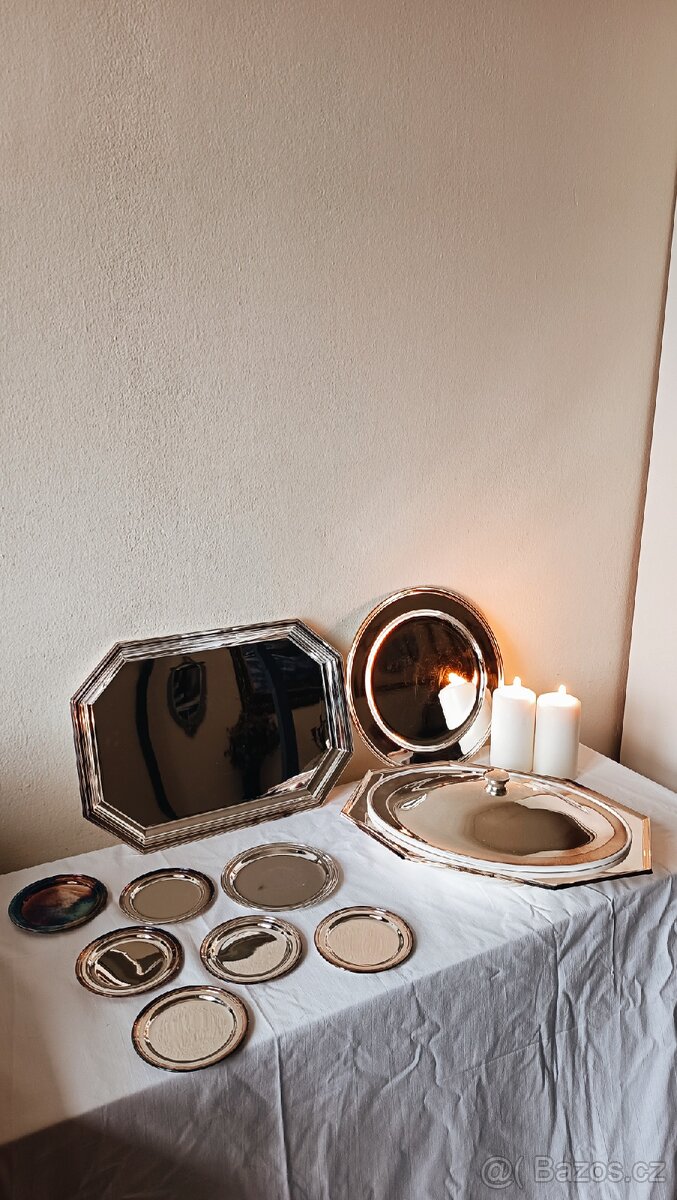 Vintage italský postříbřený servírovací set tácu Calegaro