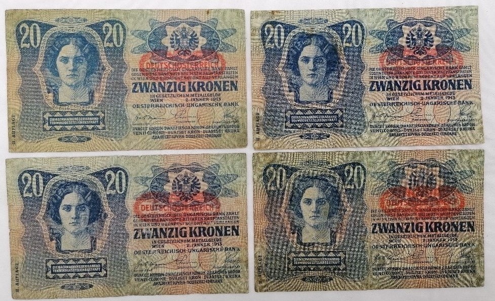 Zwanzig Kronen,20korun Rakouské Německo 1913 oběh