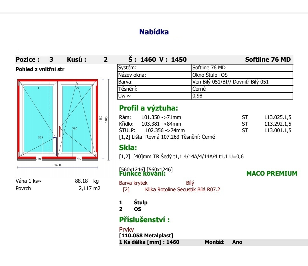Okno trojsko bez sloupku 1460 x 1450 mm