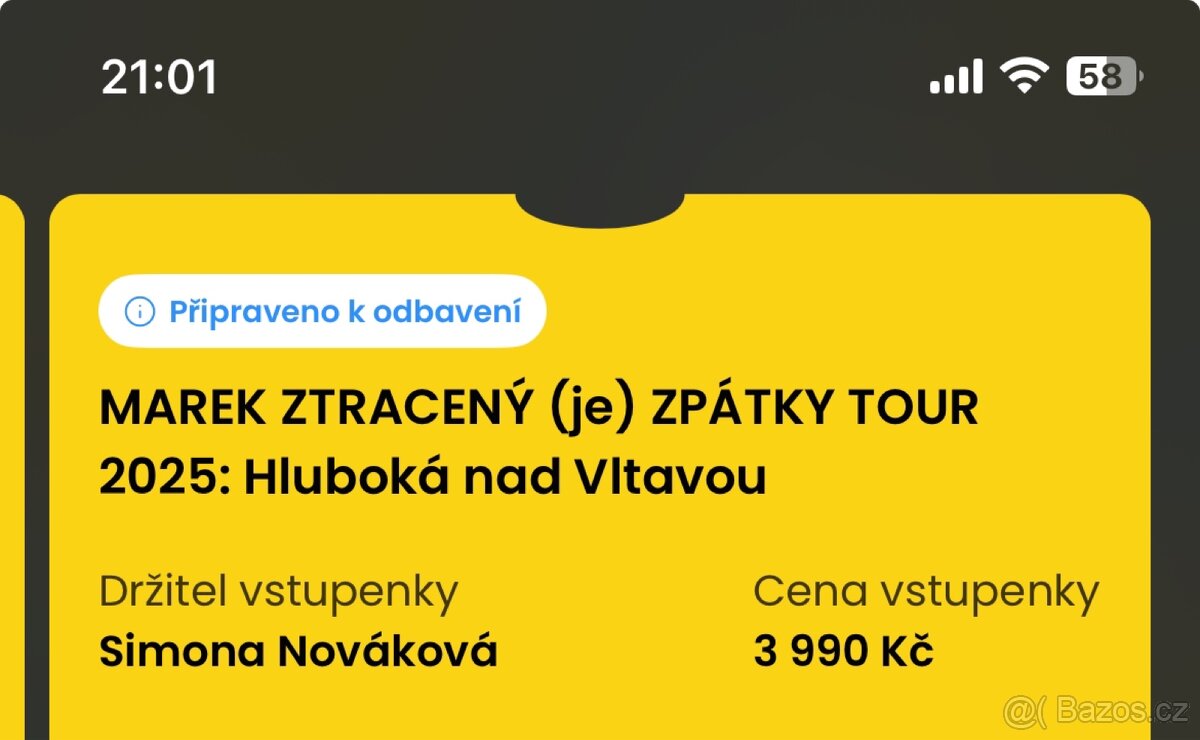 VIP Vstupenka Marek Ztracený -Hluboká nad Vltavou