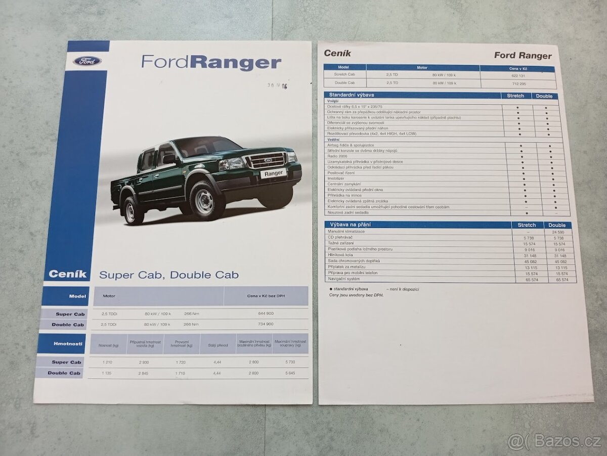 Ford Ranger prospekt a ceník - doprava v ceně