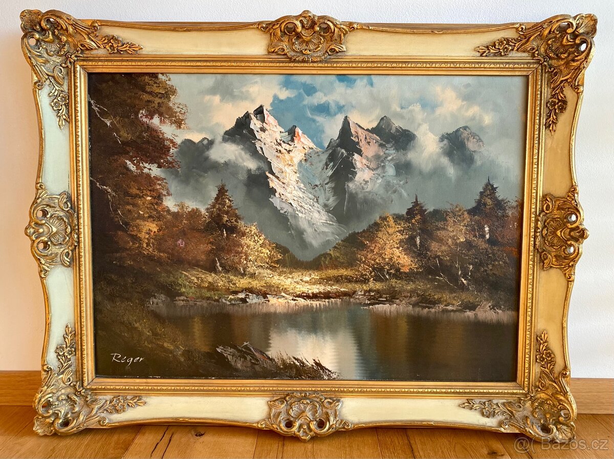 Starý obraz, olejomalba Kaisergebirge originál Reger