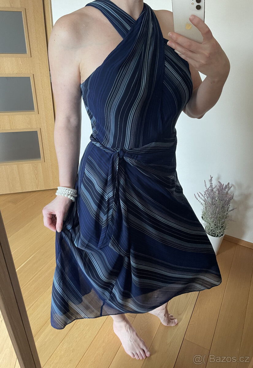 Letní tmavě modré proužkované midi šaty Ralph Lauren L