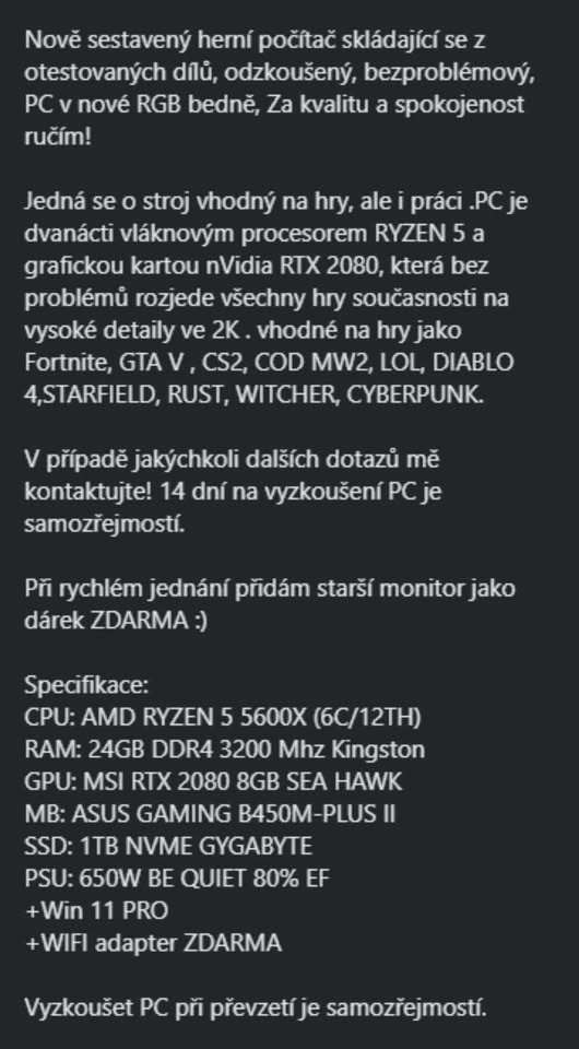 Herní počítač (ryzen 5 5600x, GeForce 2080)