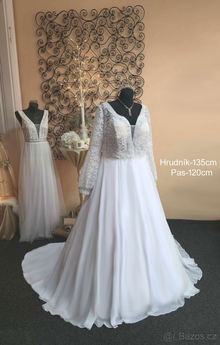 BÍLÉ NOVÉ SVATEBNÍ ŠATY S VLEČKOU vel.56