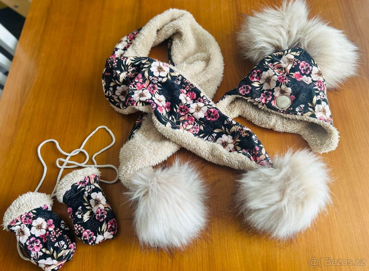 Luxusní sada čepička, šála, rukavičky 1-2 roky, 49 cm