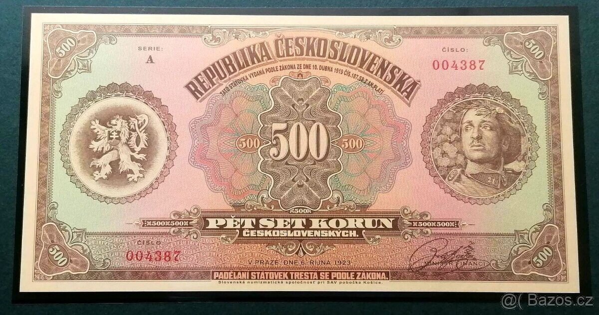 Bankovka 500 Kč emise 1923 HNĚDÝ LEGIONÁŘ série A, Novotisk
