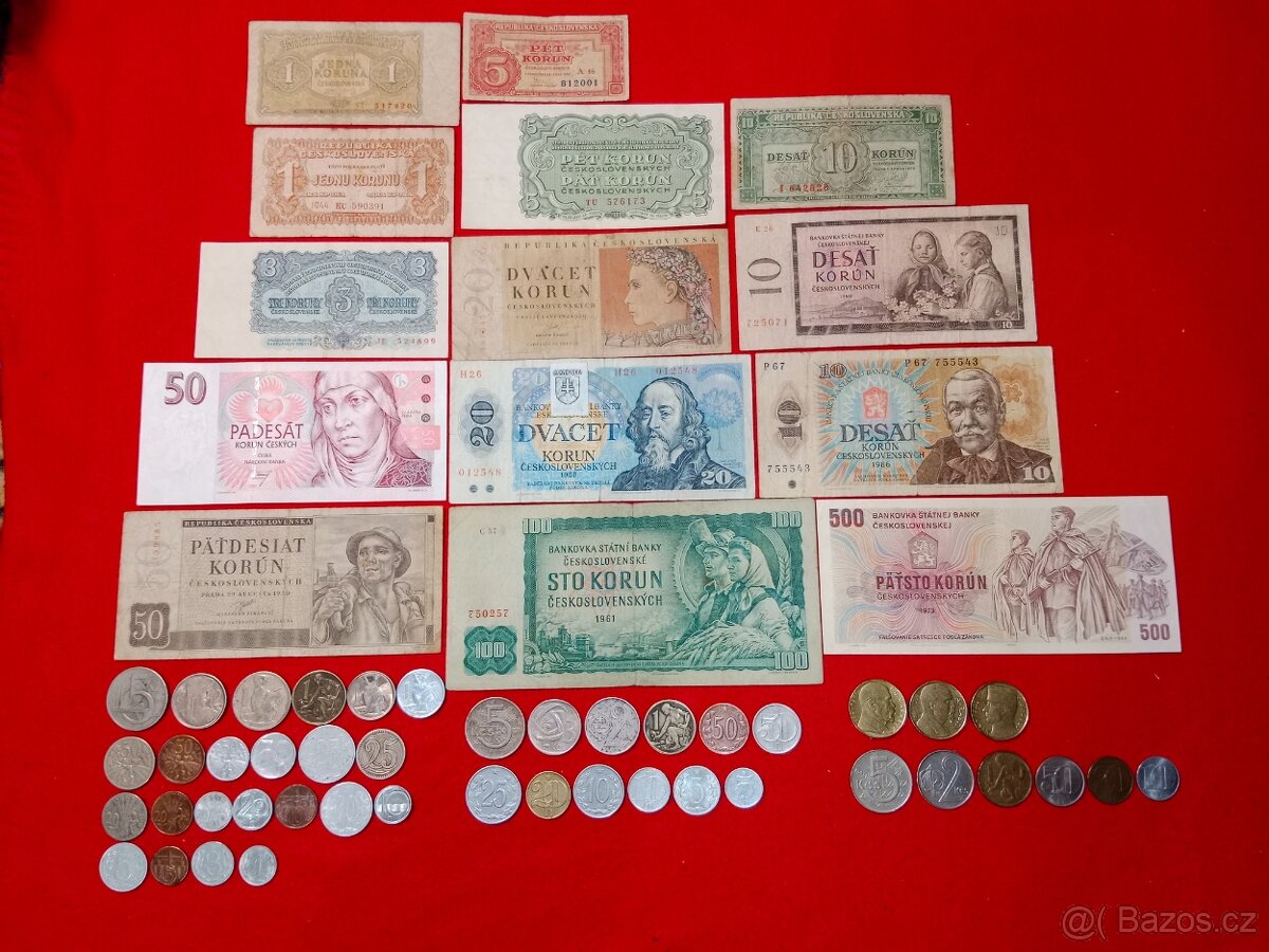 Československé mince 44 ks a bankovky 14 ks
