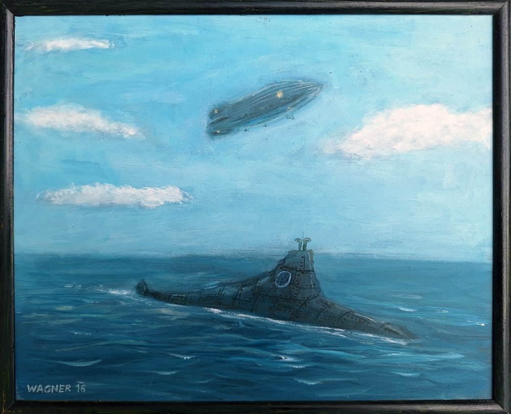 ručně malovaný obraz ,,Ponorka a vzducholoď'' 21x30cm