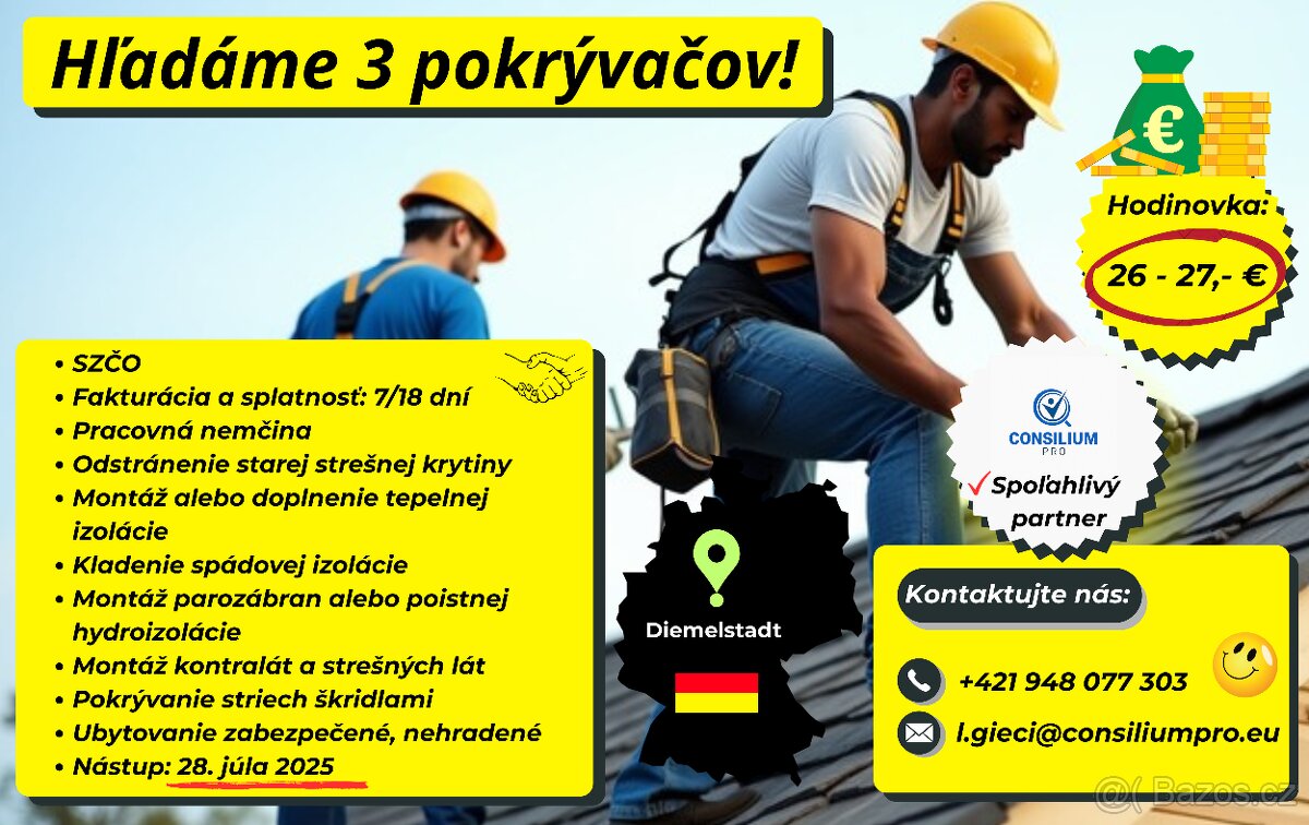 Hľadáme troch pokrývačov.