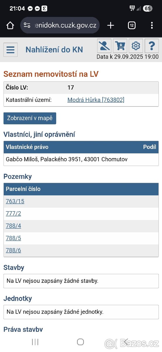 K prodeji pozemky v Modré Hůrce 1628 m²
