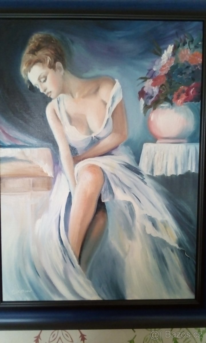 Originál plátno akt "Růžová váza" - Carpin - Nadymáček