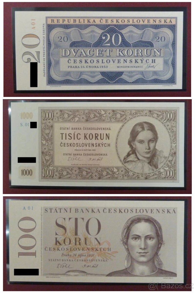 Nevydané bankovky 20, 100, 1000 Kčs - STC, ČNB - NOVINKA
