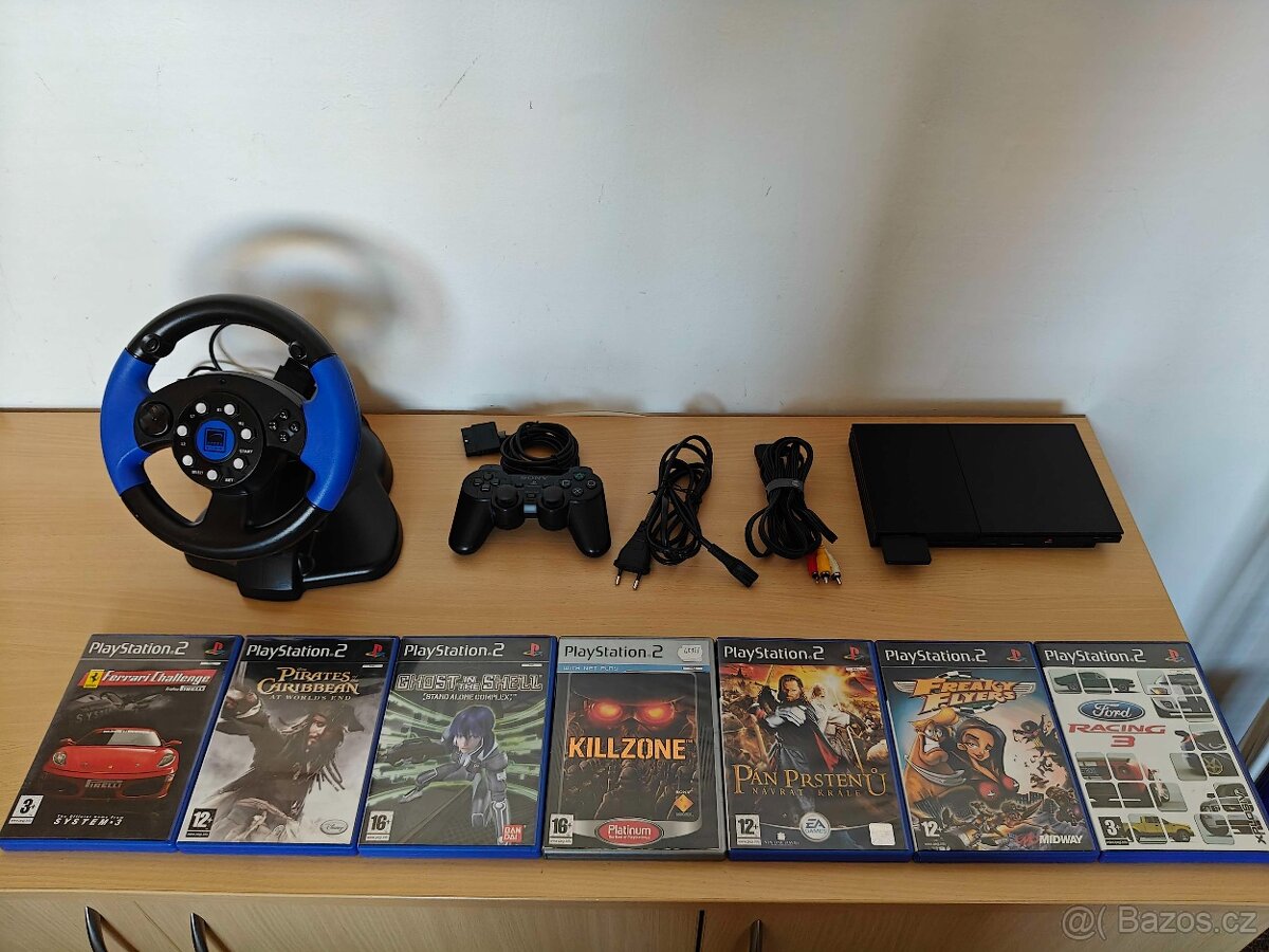 PlayStation 2 Slim, ovladač + volant / 7 her (PS2)