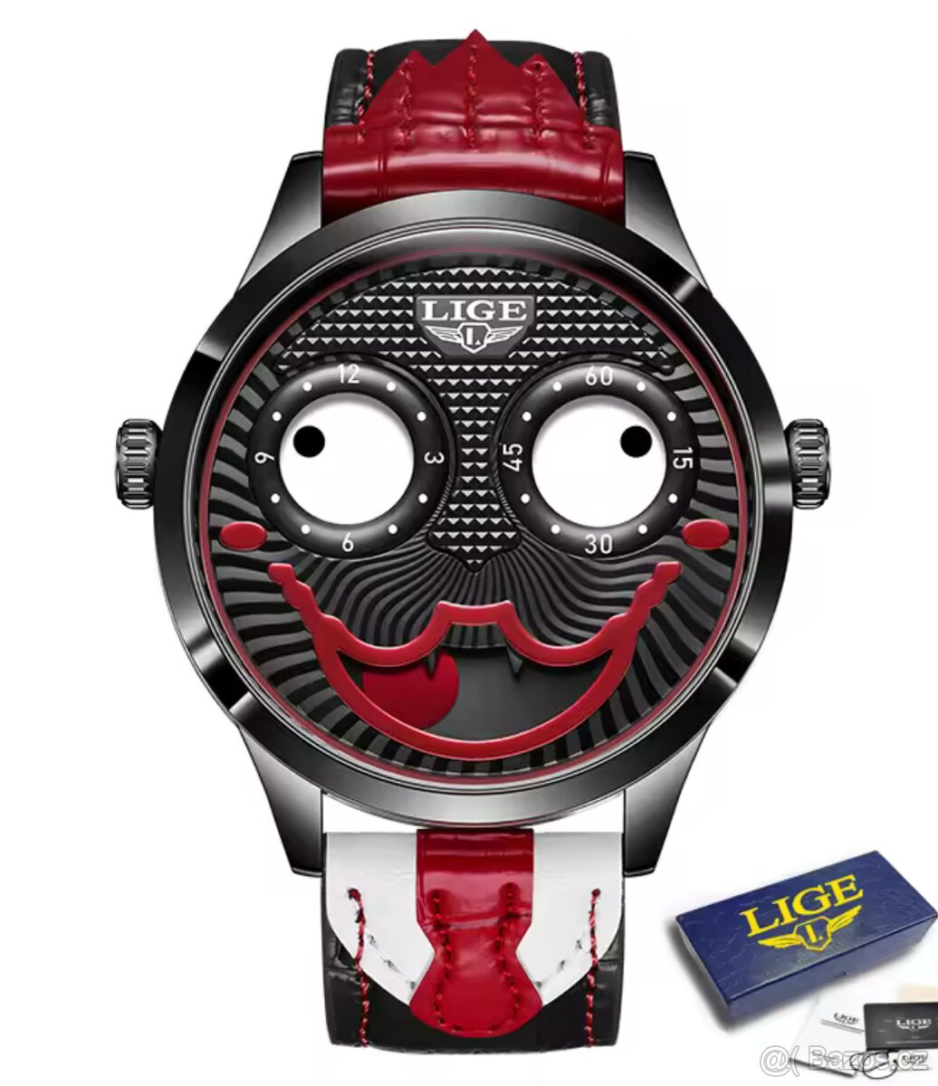 Hodinky LIGE - klaun Joker (2 ciferníky ve tvaru očí) černé