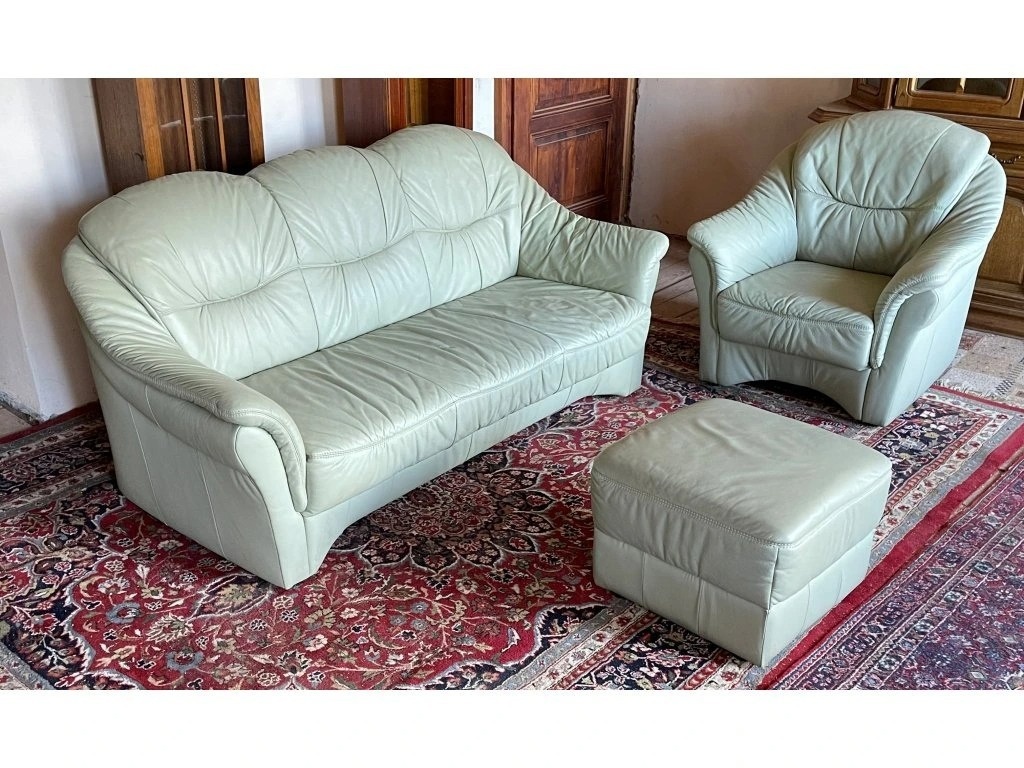 Luxusní kožená sedací souprava 3+1+taburet, 1900