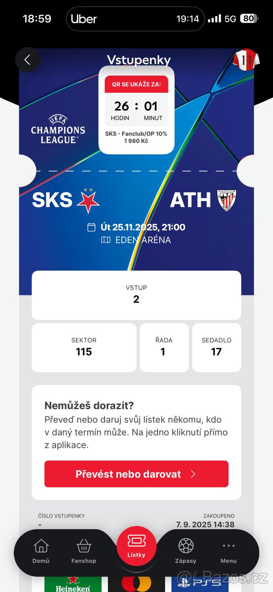 Slavia vs. Athletic Bilbao 2 listky, krasna mista