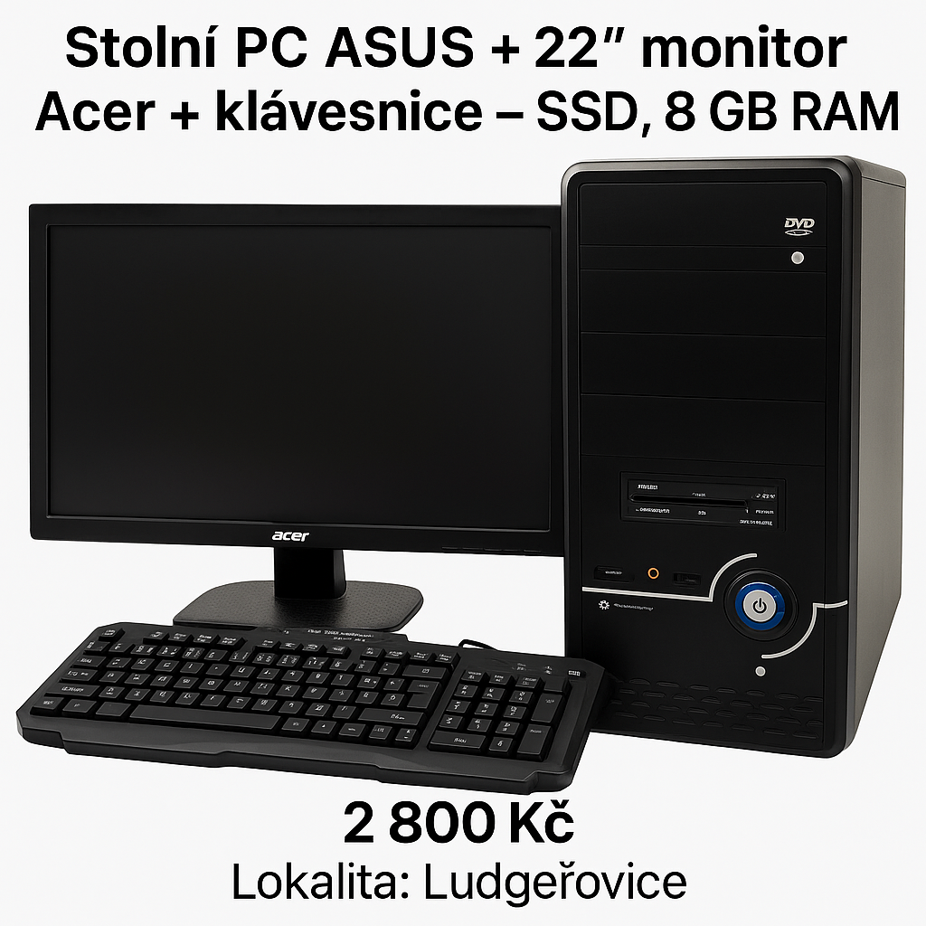 Stolní PC ASUS + 22" monitor Acer + klávesnice – SSD, 8 GB
