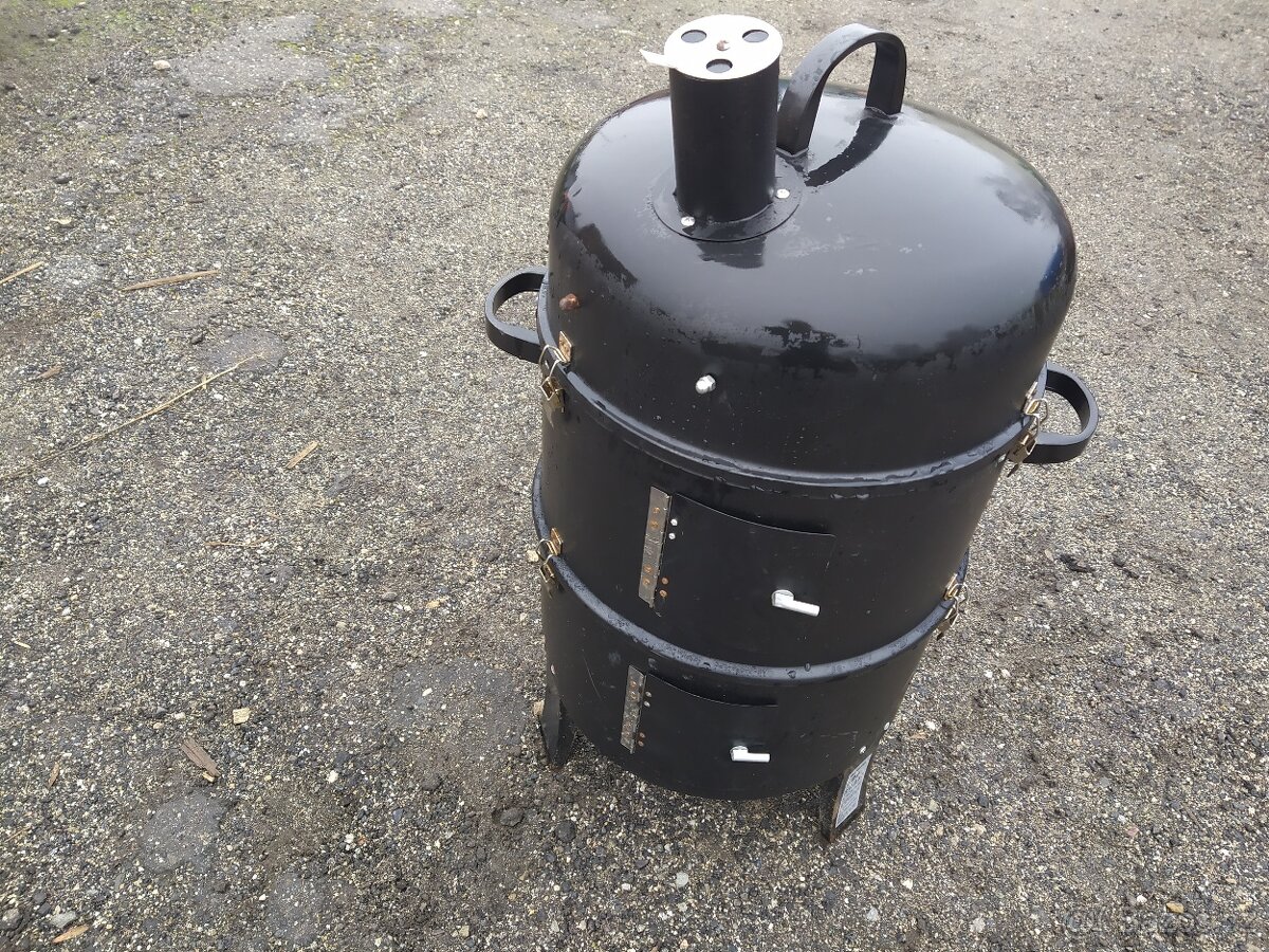 Zahradní gril na dřevěné uhlí, tříroštový, s teploměrem