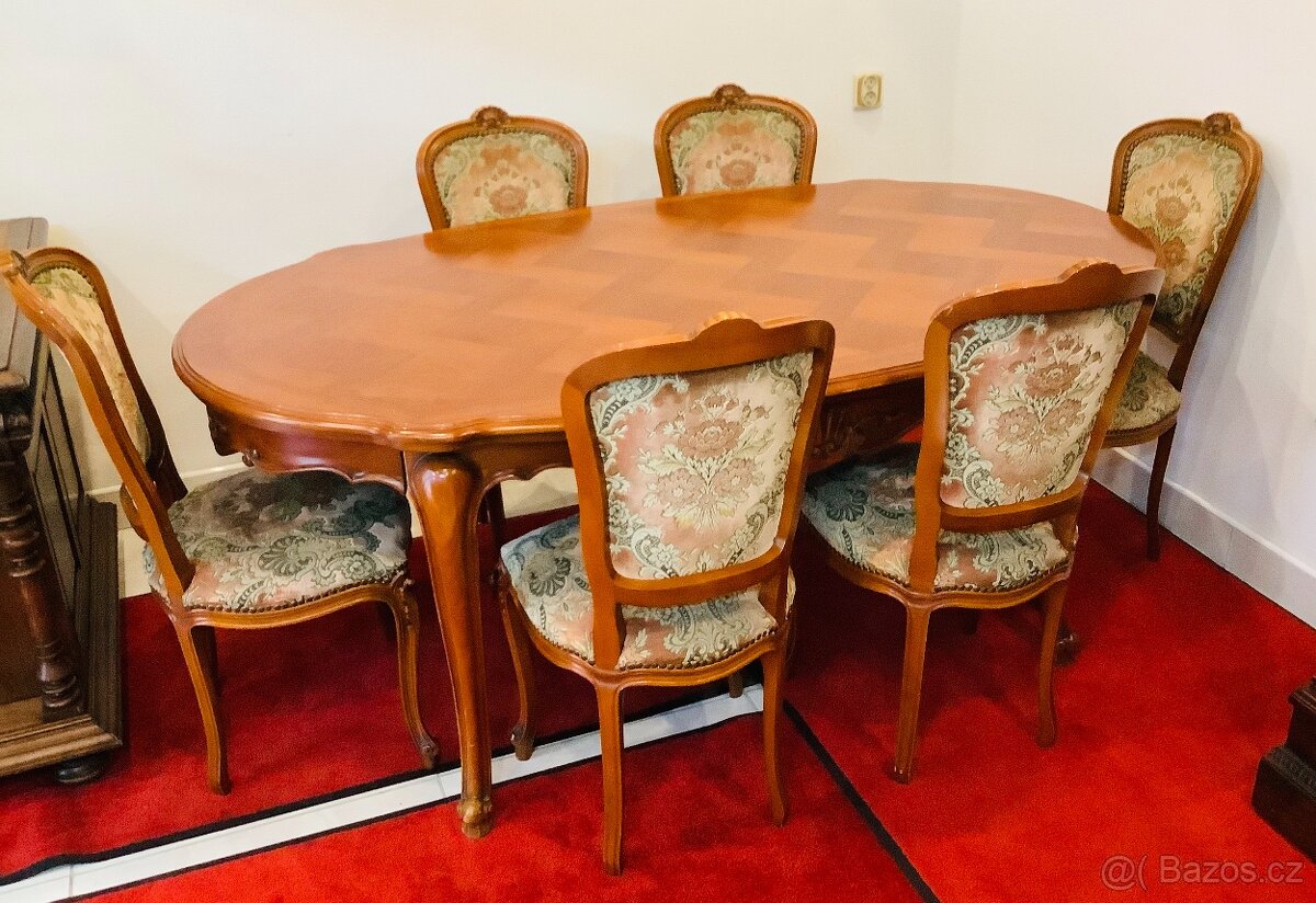 Starý Rozkládací Jídelní Stůl 6 Židle