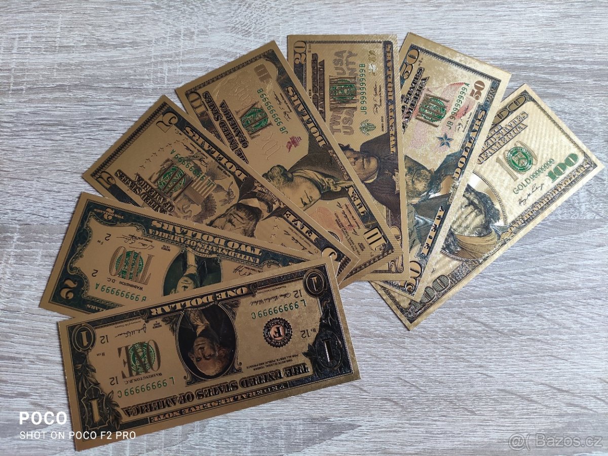 Zlaté bankovky 7ks $ Dolar a různé bankovky