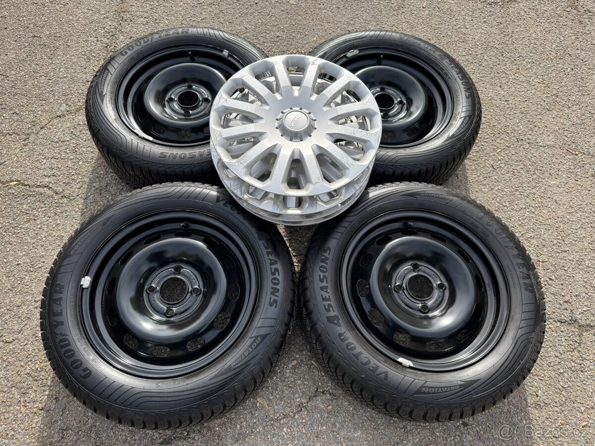 4ks zánovních plech disků 15" 4X108, Fiesta, pneu 99%